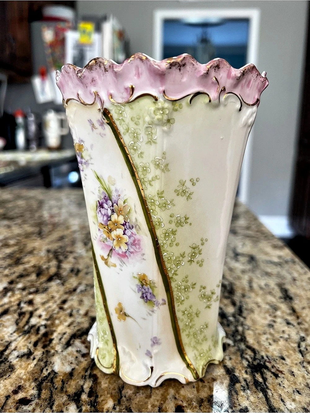 RS Prussia Hand Painted Floral Ceramic Vase White/Pink 6 in Glossy Finish